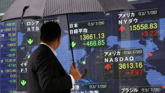 A pedestrian holding an umbrella looks at an electronic stock board displaying the closing figure of the Nikkei 225 Stock Average outside a securities firm in Tokyo, Japan.