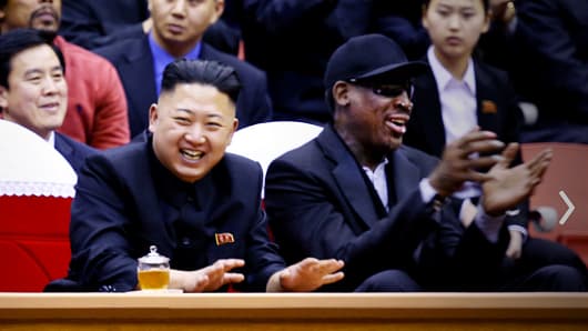 Kim Jong Un and Dennis Rodman at a basketball game in North Korea in February 2013