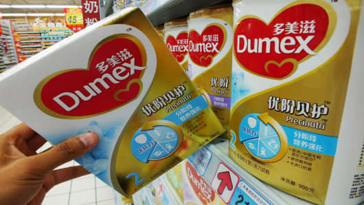Dumex baby formula, which uses the New Zealand dairy company Fonterra as its raw material supplier, at a store in Yichang, in central China's Hubei province on August 5, 2013.
