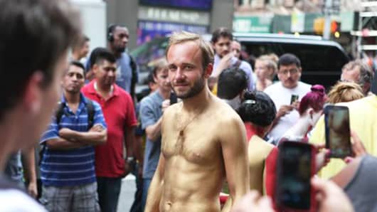 Kirill, a nudist who declined to give his full name, participates in a public body painting event by artist Andy Golub near New York's Times Square on July 31, 2013.