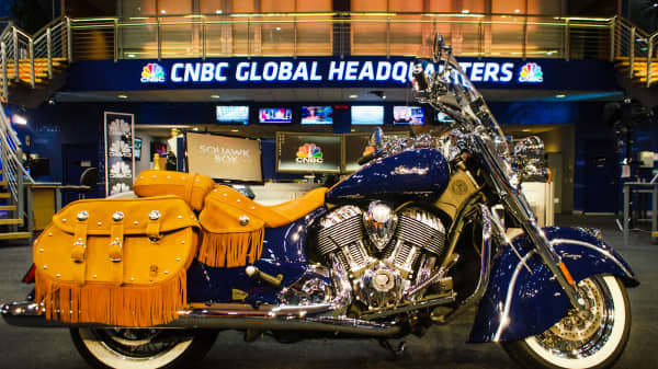The all-new, 2014 Indian Chief Vintage soft bagger (starting MSRP: $20,999) in CNBC World Headquarters in Englewood Cliffs, N.J.
