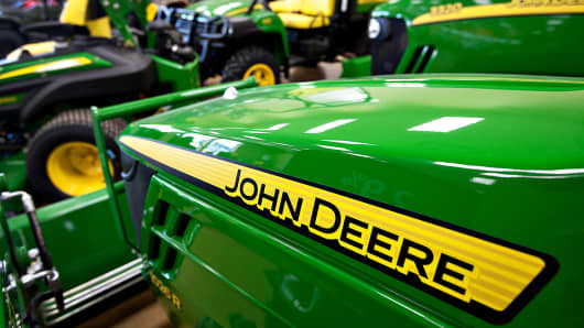 John Deere tractors sits on display at Klein Equipment, a John Deere dealership, in Galesburg, Ill.