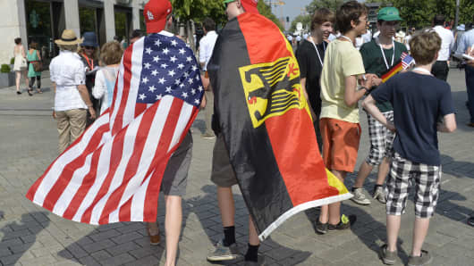 The U.S. and the German flags worn as capes during President Barack Obama's visit to Berlin in June.