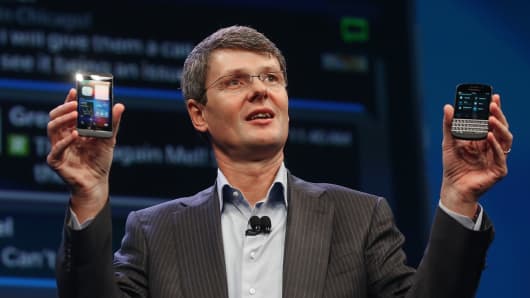 CEO Thorsten Heins with the BlackBerry 10 in January.