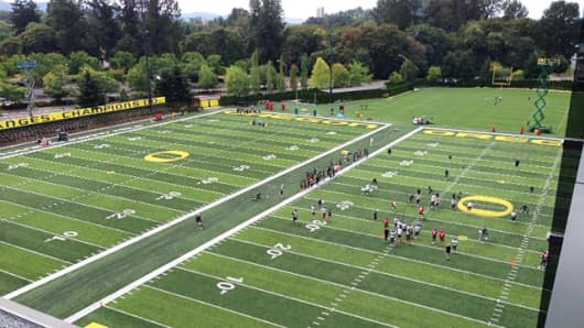 Two of three new practice fields at the University of Oregon's new football facility.