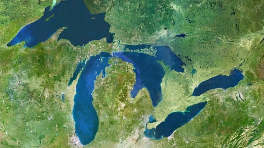 Satellite image of the Great Lakes: Huron, Ontario, Michigan, Erie and Superior.