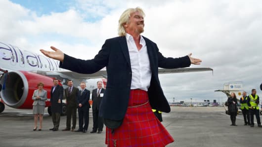 Sir Richard Branson arriving at Edinburgh Airport in April to launch Virgin Atlantic's Little Red.