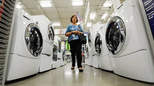 A customer shops for washers and dryers at Lowe's in Burbank, California.