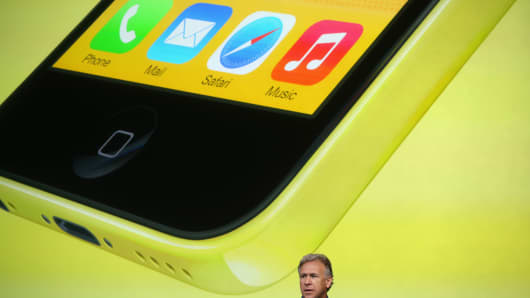 Apple's Phil Schiller speaks about the new iPhone 5C during Apple product announcement.