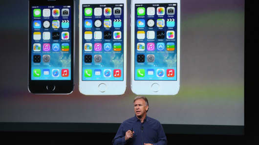 Apple's Phil Schiller speaks about the new iPhone 5S during an Apple product announcement.