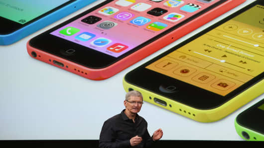 Apple CEO Tim Cook speaks about the new iPhone products during the announcement.