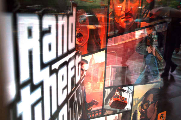 A window display advertises Grand Theft Auto IV April 28, 2008 in New York City.