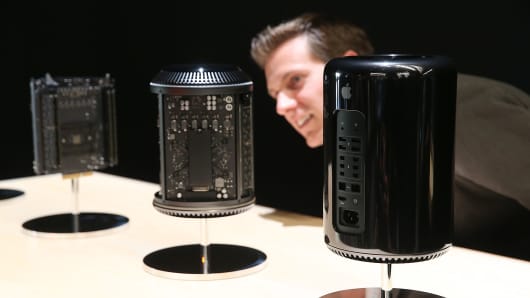 Apple's new Mac Pro on display at an event in Cupertino, California.