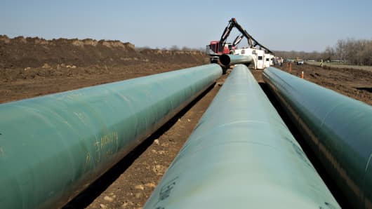 Part of TransCanada's Keystone XL pipeline under construction in Atoka, Oklahoma.