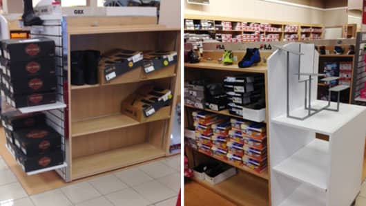 Understocked shelves in the shoe department at a store. R: Empty “end cap,” which is usually an important component at stores.