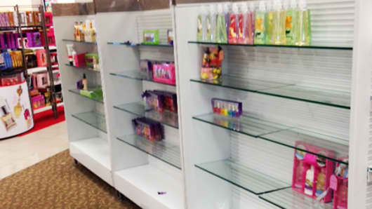 Cosmetics are increasingly important at many retailers – yet the shelves are empty at this store.