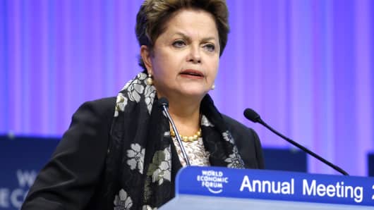 Dilma Rousseff, Brazil's president, speaks at the World Economic Forum in Davos, Switzerland, Friday, Jan. 24, 2014.