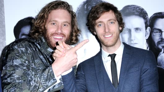Actor T. J. Miller (L) and actor Thomas Middleditch (R) arrive at the premiere of 'Silicon Valley' on April 3, 2014 at Paramount Studios in Hollywood, California.