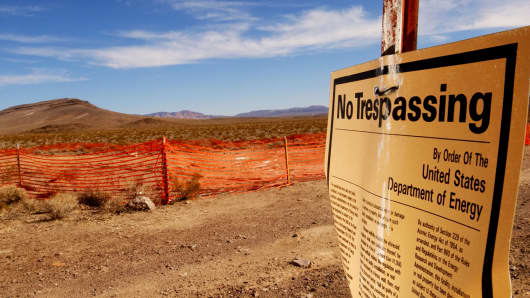 A "no trespassing" sign outside the proposed nuclear waste dump site of Yucca Mountain in Nevada.