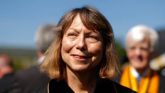 Ousted New York Times editor Jill Abramson walks in with faculty and staff during commencement ceremonies at Wake Forest University on May 19, 2014, in Winston Salem, N.C.