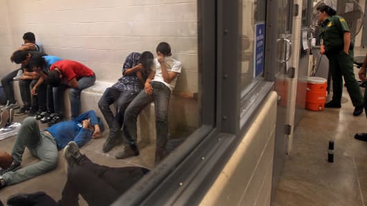 People detained for crossing the border illegally are housed inside the McAllen Border Patrol Station in McAllen, Texas.