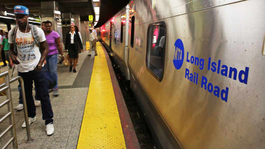 A Long Island Rail Road train sits at the platform in the Brooklyn borough of New York.