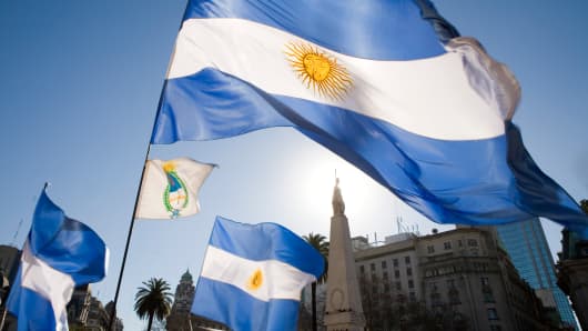 Argentine flags at the Plaza de Mayo, in Buenos Aires.