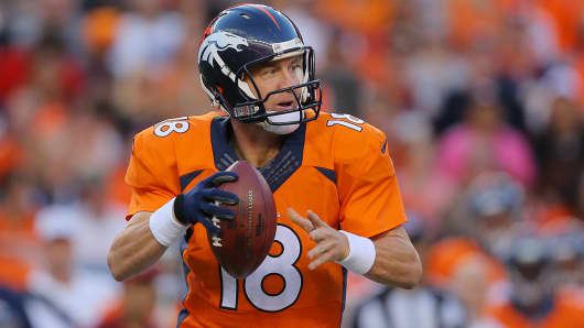 Denver Broncos’ quarterback Peyton Manning is shown during a preseason NFL football game against the Houston Texans in Denver, August 23, 2014.