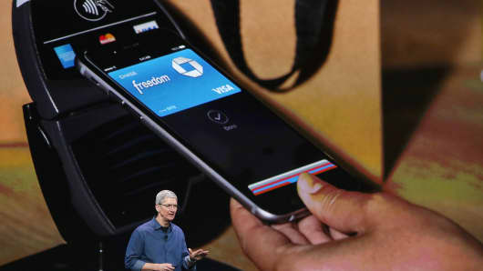 Tim Cook announces Apple Pay during an Apple special event at the Flint Center for the Performing Arts on September 9, 2014 in Cupertino, California.