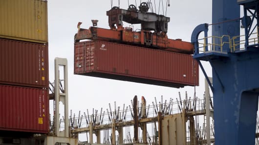 A container is loaded at the Port of Baltimore.