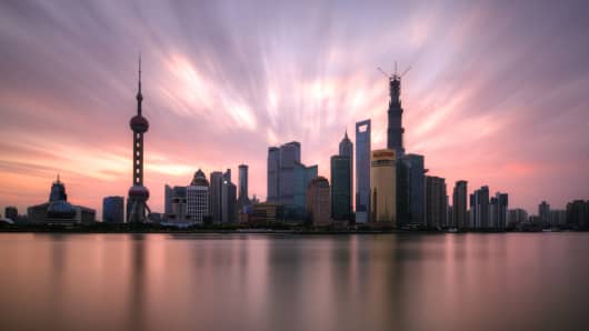 Sunrise over the financial district in Shanghai, China.