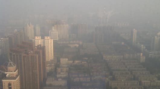 Smog over Beijing, China.