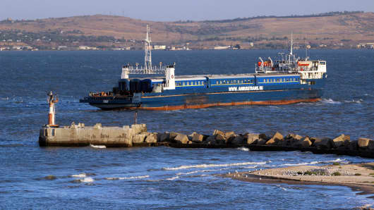 The train ferry crosses the Kerch strait from Port Caucasus, Krasnodar region in southern Russia towards Port Crimea.