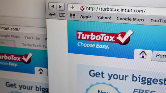 The homepage of Intuit Inc.'s TurboTax website is displayed on a computer monitor in Washington, D.C.