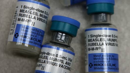 Vials of measles, mumps and rubella vaccine are displayed on a counter at a Walgreens Pharmacy on January 26, 2015 in Mill Valley, California.