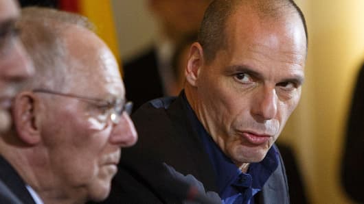 Greek Finance Minister Yanis Varoufakis and German Finance Minister Wolfgang Schaeuble.