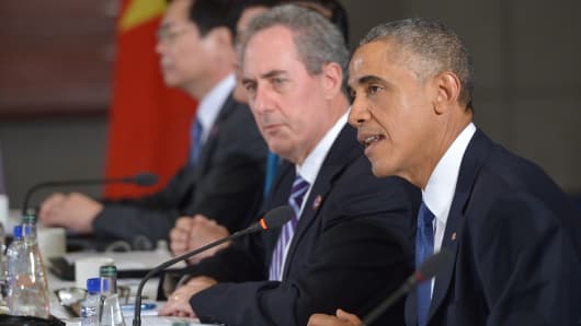 President Barack Obama speaks during a meeting with leaders from the Trans-Pacific Partnership at the US Embassy in Beijing on November 10, 2014.