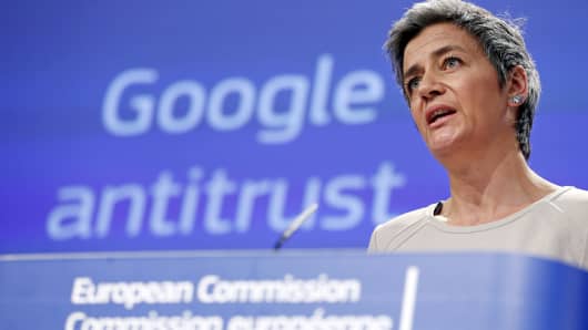 European Competition Commissioner Margrethe Vestager speaks during a news conference at the EU Commission headquarters in Brussels, April 15, 2015.