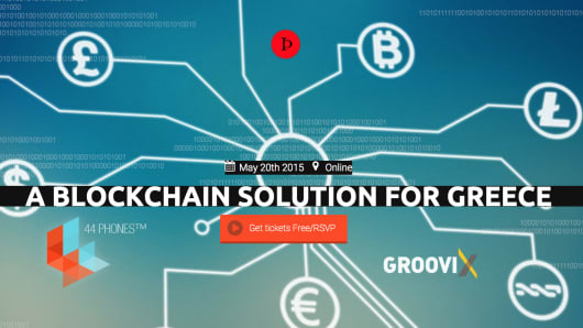 A screenshot for a Bitcoin Blockhain Solution for Greece event.