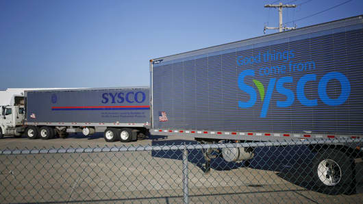 Sysco tractor-trailers sit parked outside the company's distribution center in Louisville, Ky.