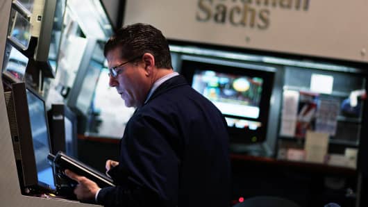 The Goldman Sachs booth on the floor of the New York Stock Exchange.