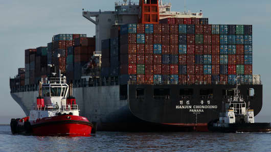 The Hanjin Chongqing container ship departs the Port of Los Angeles in San Pedro, California.