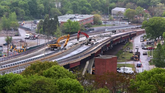 The Casey Overpass undergoes its second day of demolition, on Tuesday, May 19, 2015.