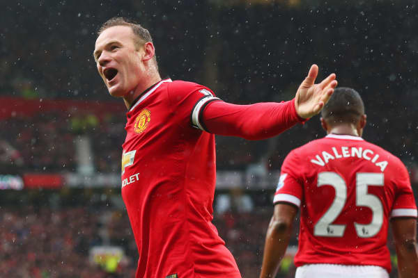 Wayne Rooney of Manchester United celebrates a goal during a Barclays Premier League match between Manchester United and Manchester City at Old Trafford on April 12, 2015.