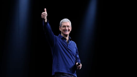 Apple CEO Tim Cook delivers the keynote address during Apple WWDC on June 8, 2015 in San Francisco, California.