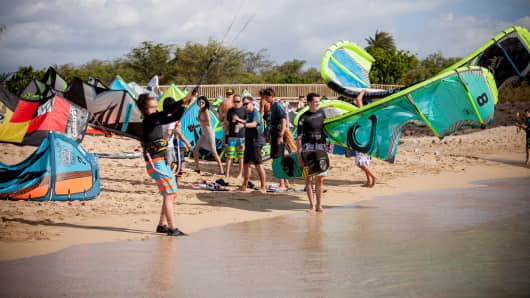 Aaron Colton, Red Bull athlete launching at Ka'a Point - kite launch area at MaiTai, Maui
