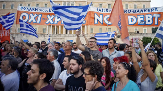 Demonstrators are shown during a rally in Athens, Greece, June 29, 2015.