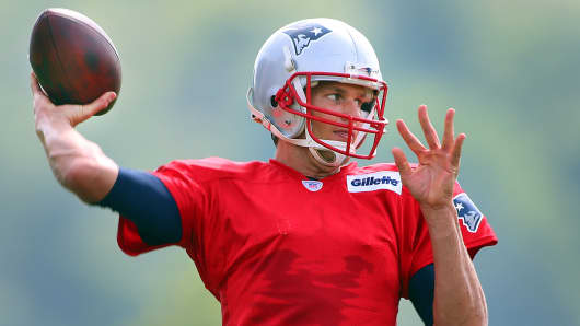 Tom Brady of the New England Patriots during the first day of training camp near Gillette Stadium in Foxborough, Massachusetts.