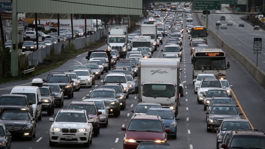 Cars sit in miles-long traffic jam on southbound highway 101 near Mill Valley, California.