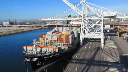 A cargo ship docked at the Port of Long Beach, Calif.